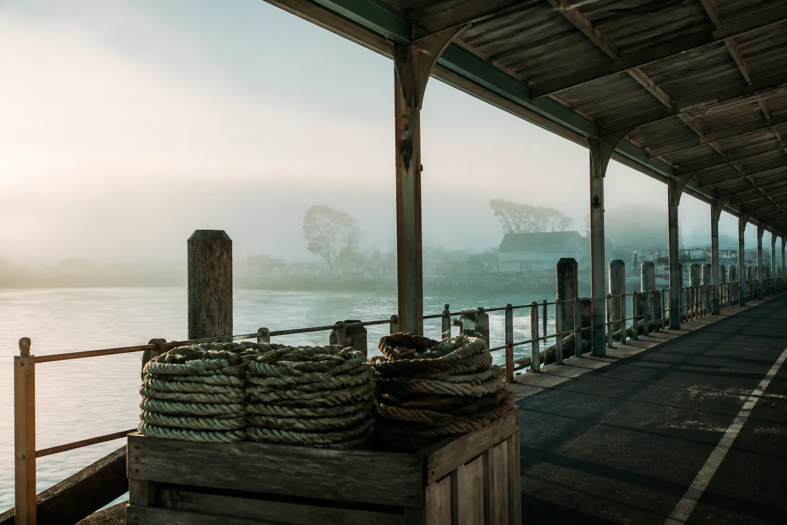 Quiet harbor quay at morning with stacked mooring lines, empty boarding lane, and soft fog over still water beyond the terminal roof, 1920x1080