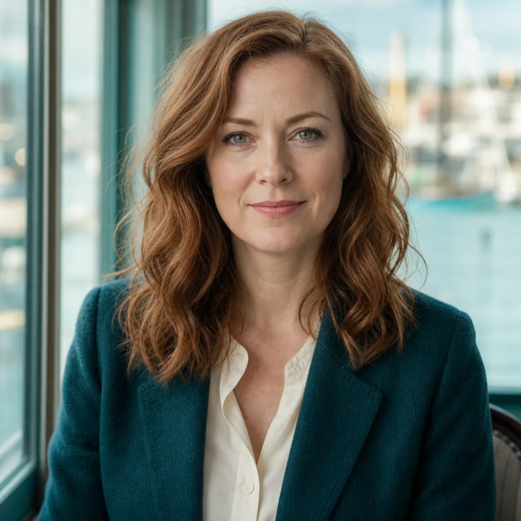 Celia Marsh, portrait against soft harbor light, 400x400